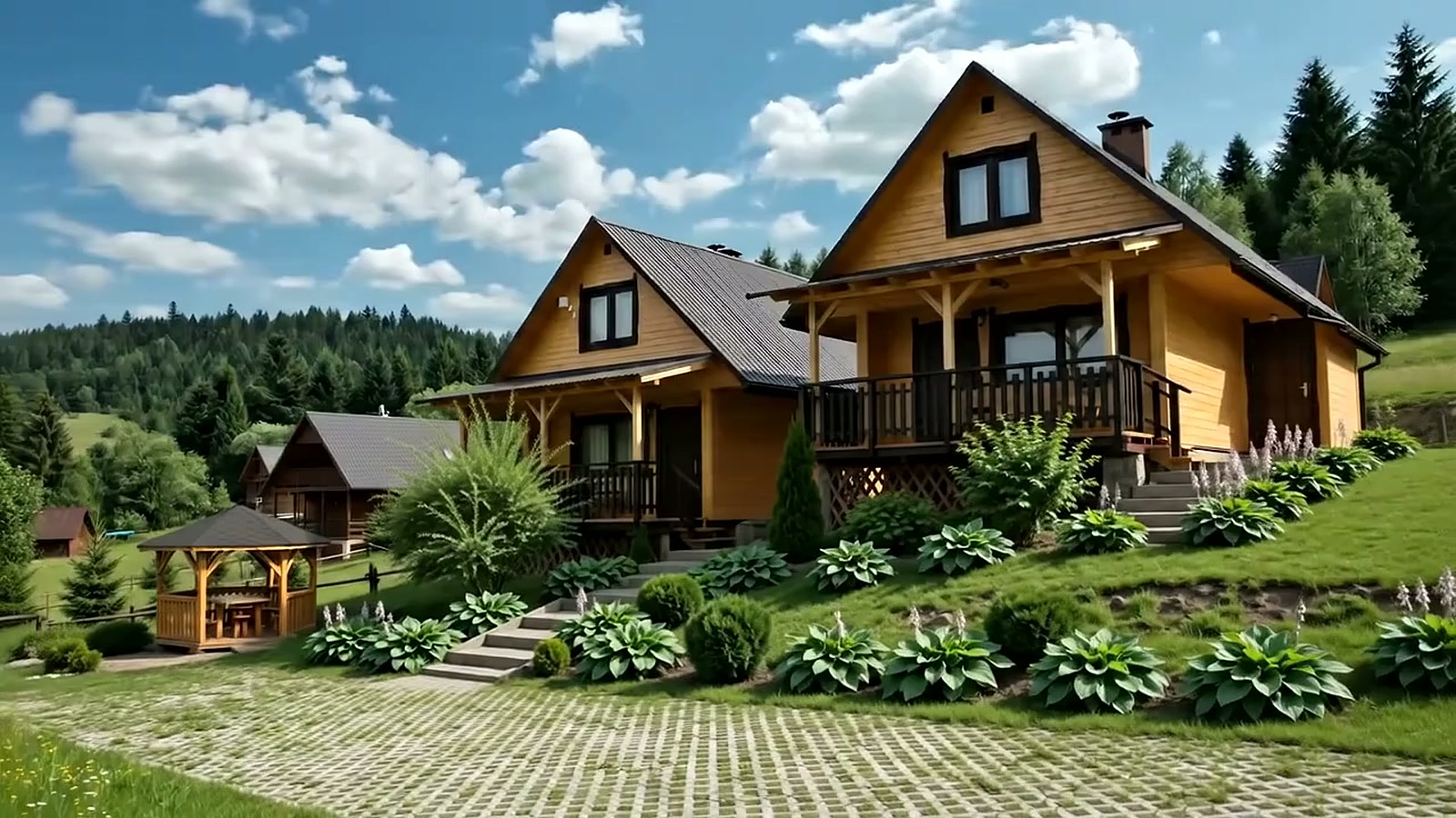 Drewniane domki Domek Solina na wzgórzu nad Jeziorem Solińskim w Bieszczadach